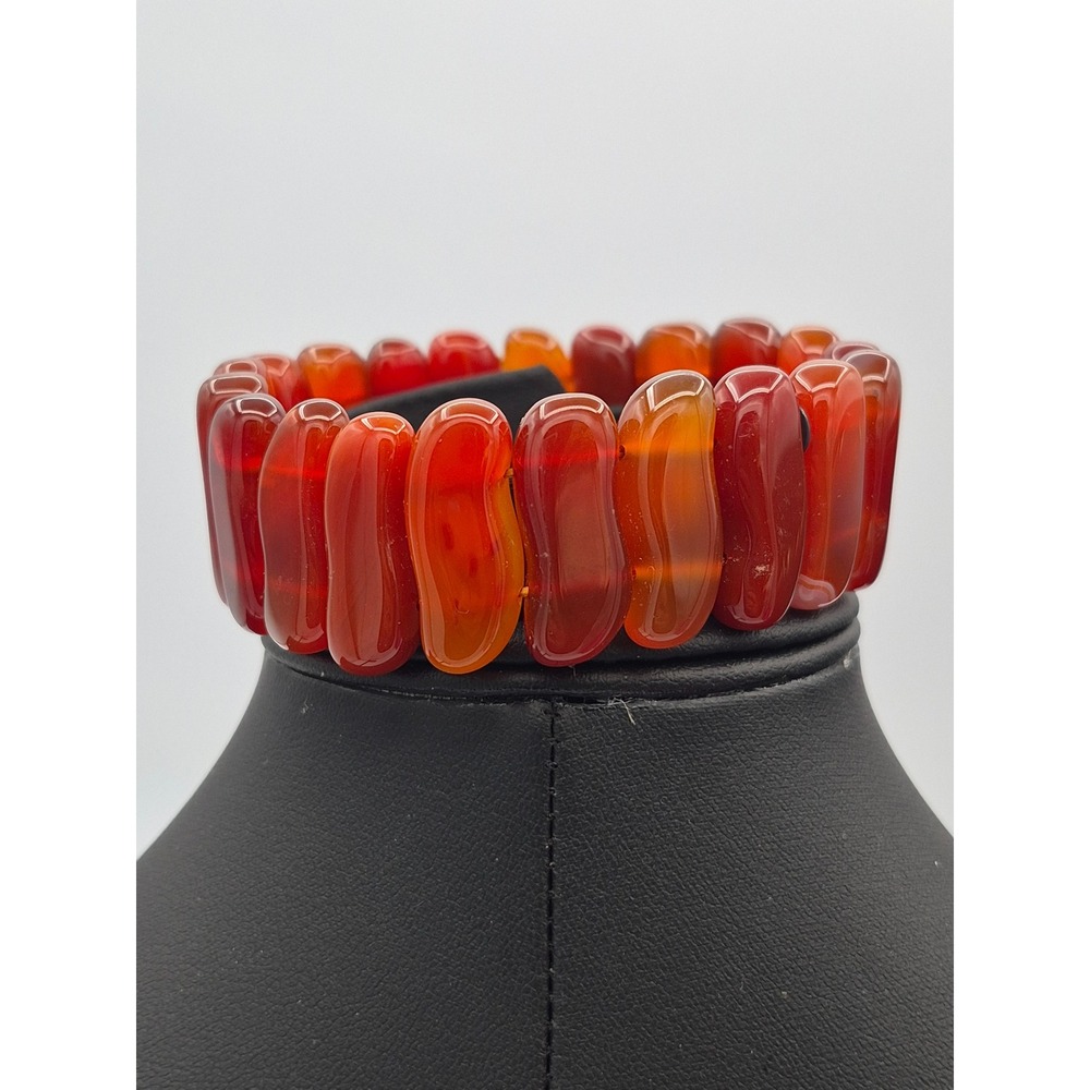Vintage Carnelian Agate Stretch Bracelet Red Orange Polished Stone Statement